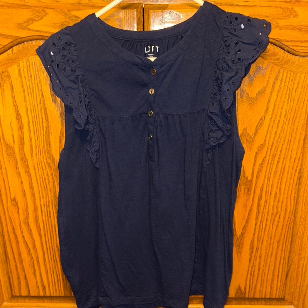 LOFT Blue Ruffled Mandarin Collar Blouse